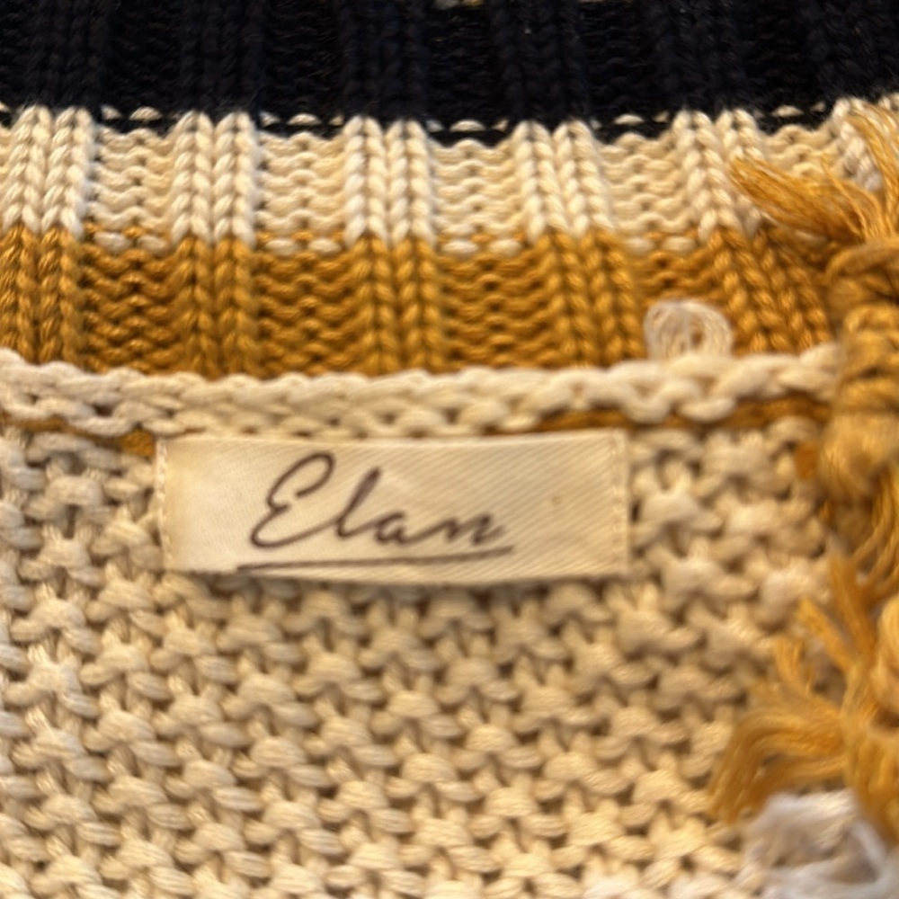 Elan Deep V Neck Distressed Preppy Open Knit Gold Black Cream Pullover Sweater - Picture 11 of 13